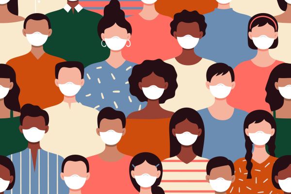 Seamless pattern with people in protective masks. Protest during the pandemic, protests, African Americans and white people against racism. stock illustration