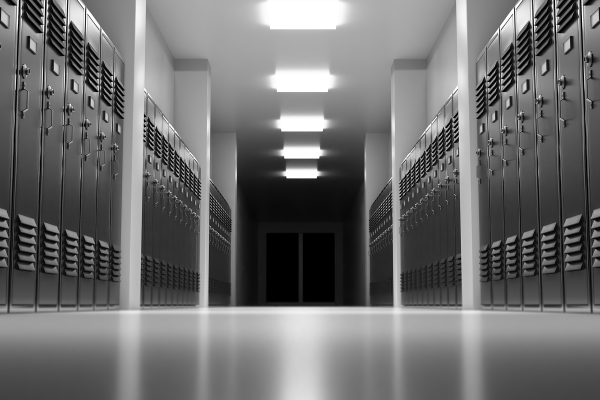 black and white image of school lockers with shadows