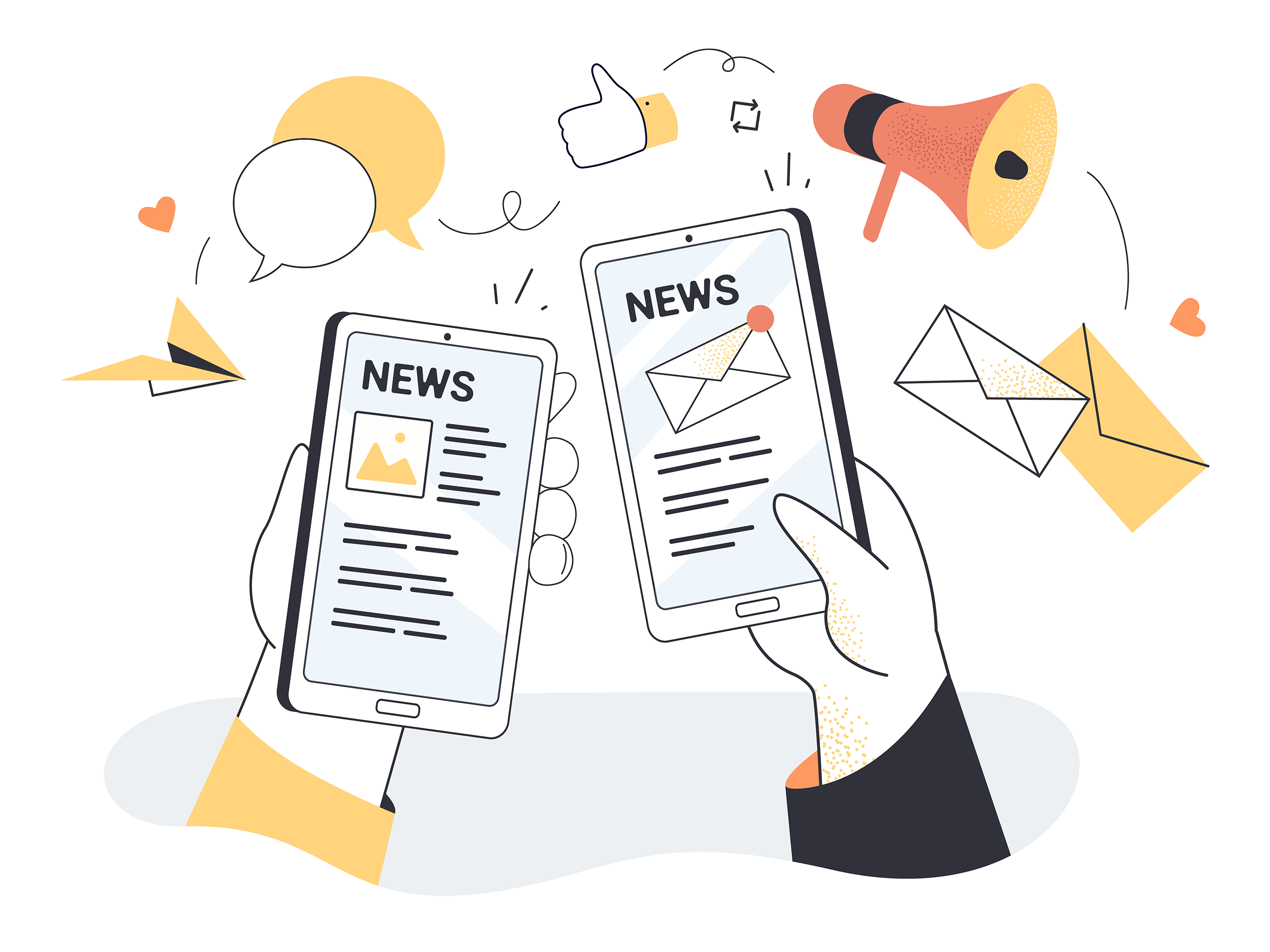 drawing of hands holding phones with news on the screen