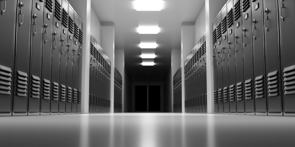 black and white image of school lockers with shadows