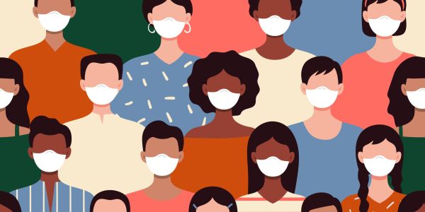 Seamless pattern with people in protective masks. Protest during the pandemic, protests, African Americans and white people against racism. stock illustration