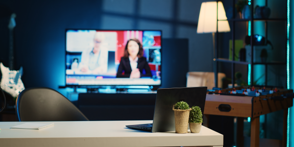 A dark living room with a TV turned on to what looks like a news channel.