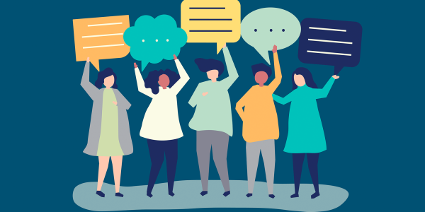 graphic showing diverse group of people holding various speech bubbles
