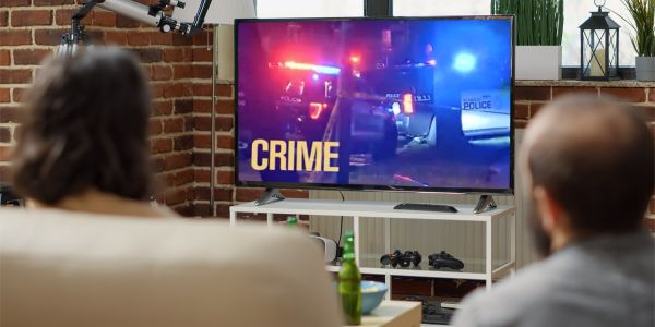 People watching an ad on TV that is showing a crime scene
