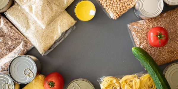 top view of food items on a grey surface