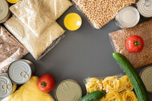 top view of food items on a grey surface