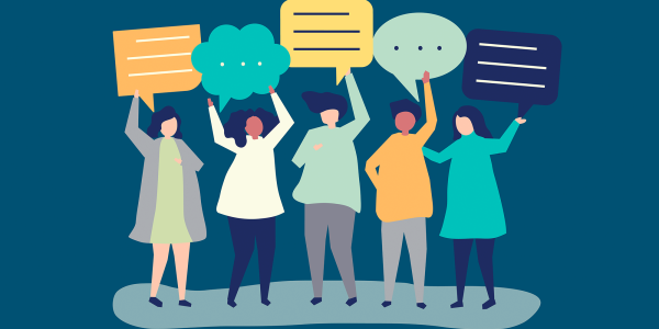 graphic showing diverse group of people holding various speech bubbles