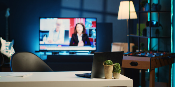 A dark living room with a TV turned on to what looks like a news channel.