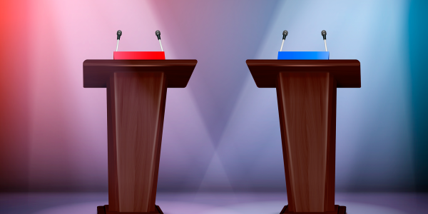 two podiums one with red light and the other with blue light